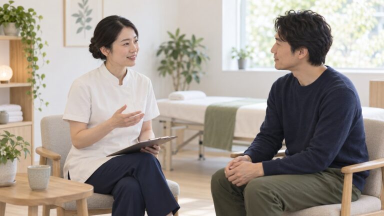 施術室で説明をする施術者と相談する人のイラスト