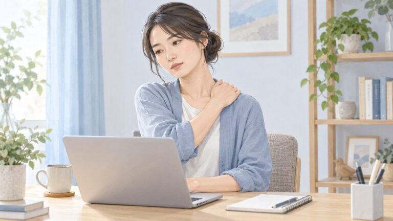 パソコン作業を止めて肩に手を添える人のイラスト