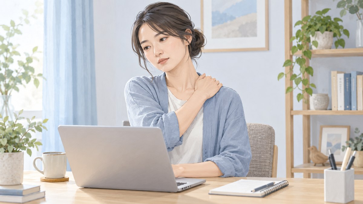 パソコン作業を止めて肩に手を添える人のイラスト