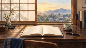 障子のそばの机に開いた本と万年筆、湯のみを置いたイラスト