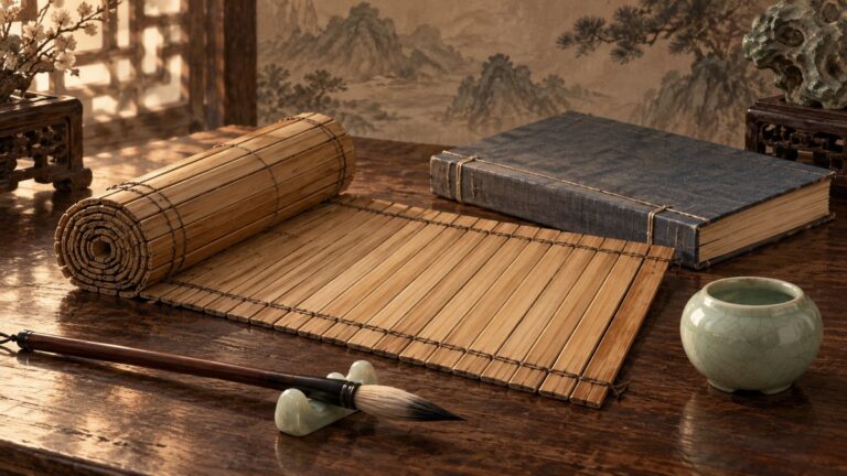 竹簡を思わせる巻物と古書、筆を並べた歴史資料のイメージ