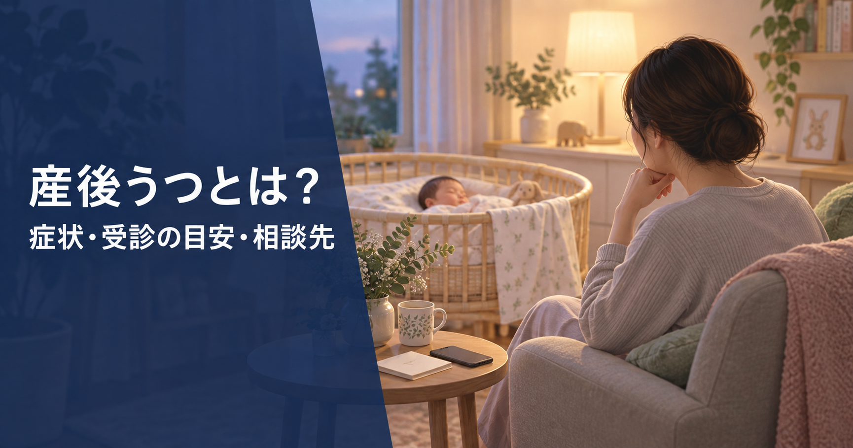 産後の気分の変化について考える親と、ベビーベッドで眠る赤ちゃん。産後うつの症状、受診の目安、相談先を解説する記事の画像