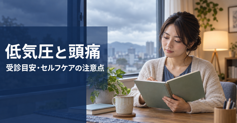 曇り空を背景に頭痛の記録を確認する人。低気圧と頭痛の受診目安、セルフケアの注意点を解説する記事の画像