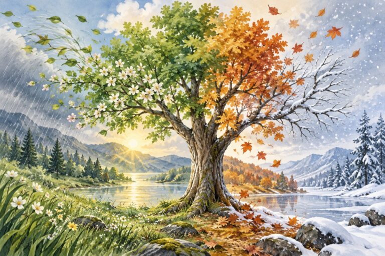 風に揺れる木、雨、夏の日差し、秋の葉、冬の雪を描いた季節のイラスト