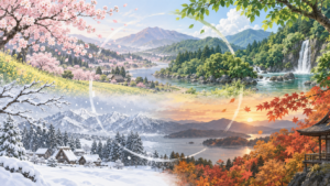 春の桜、夏の緑、秋の紅葉、冬の雪景色を円環に配置した四季の画像
