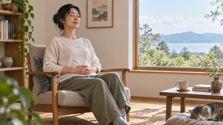 窓辺の椅子で目を閉じ、下腹部に手を添えて座る人