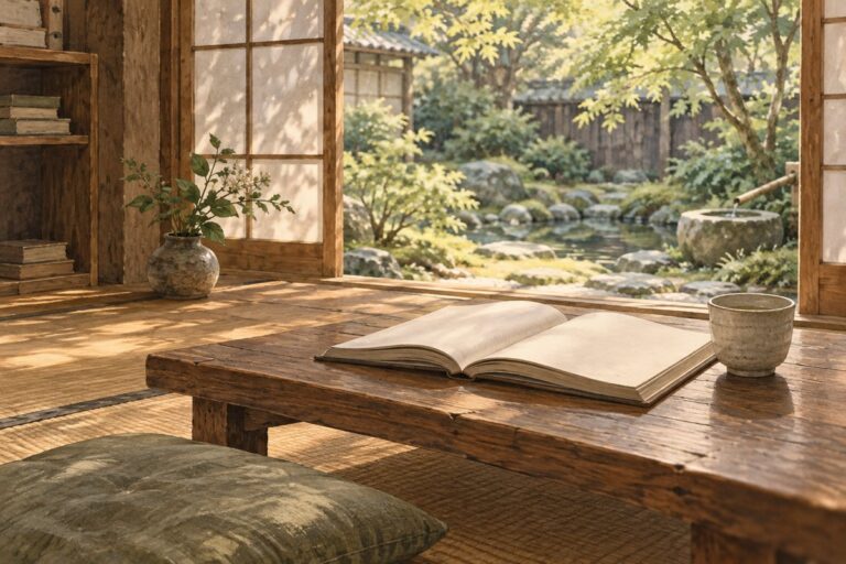 庭に面した静かな読書スペースに置かれた本と陶器のカップ