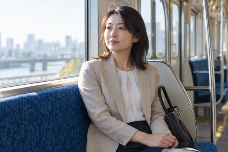 電車の座席に座り、目を開けて車窓を見ている通勤中の人