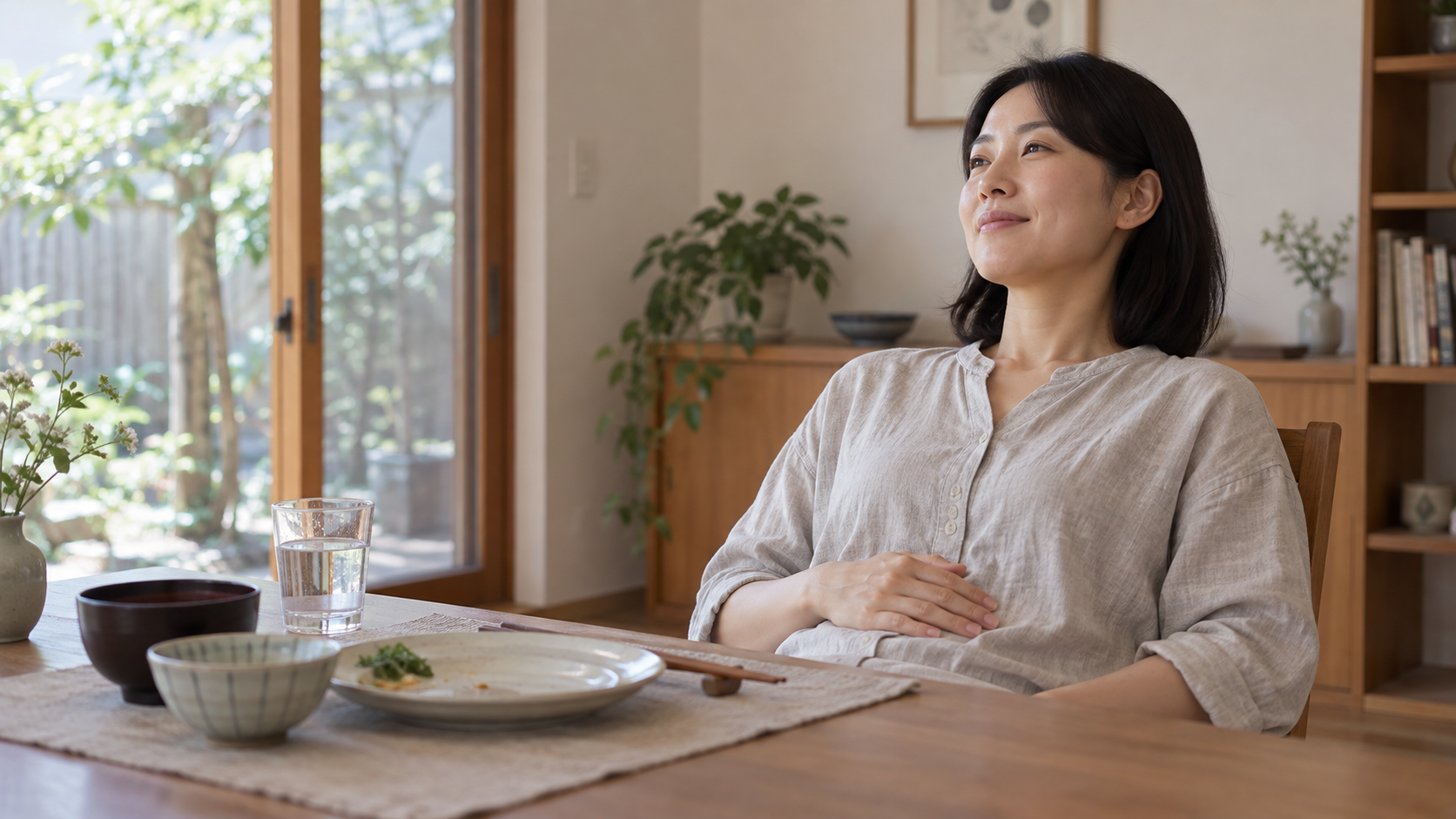 食後の食卓で椅子に座り、お腹に手を添える人