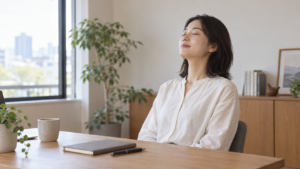 机の前で目を閉じ、呼吸を整えながら休憩する人