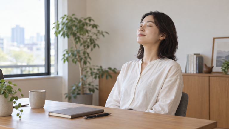 机の前で目を閉じ、呼吸を整えながら休憩する人