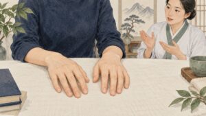 清潔なテーブルに両手を置き、施術者から説明を受ける人のイラスト
