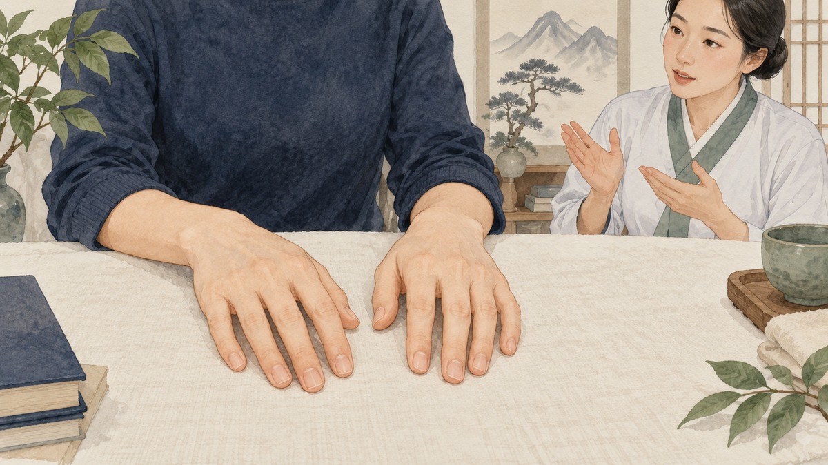 清潔なテーブルに両手を置き、施術者から説明を受ける人のイラスト