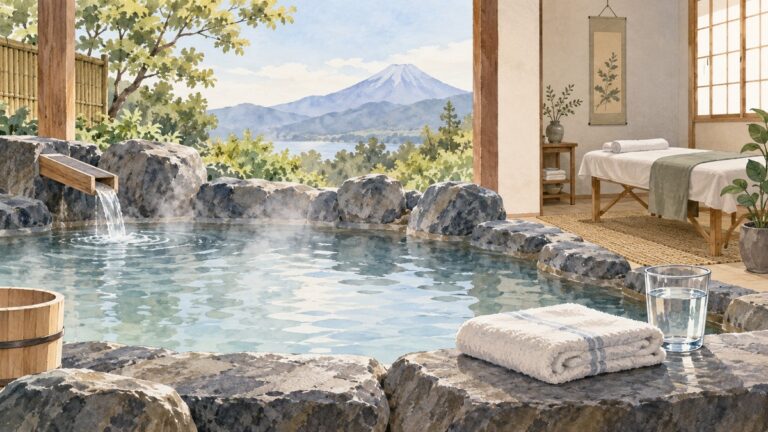 温泉の浴槽、乾いた場所のタオルと水、背景の施術室を描いたイラスト