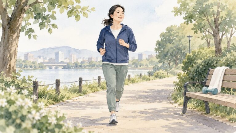 公園で無理のないペースでジョギングする人と、ベンチに置かれたダンベルのイラスト