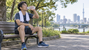 ランニング後に公園のベンチで休み、水を飲む人