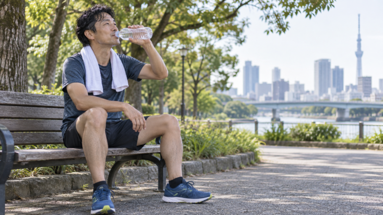 ランニング後に公園のベンチで休み、水を飲む人