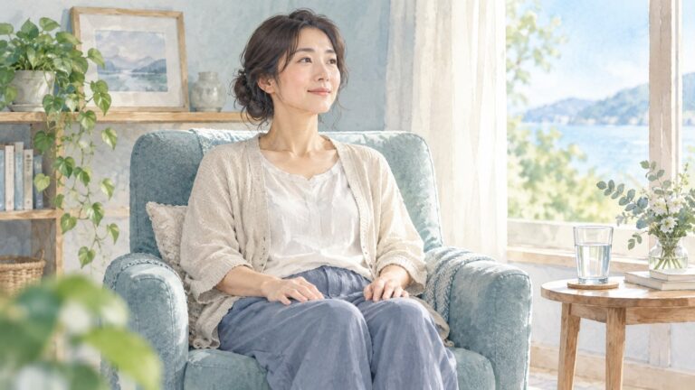 椅子に座った女性が、力を抜いて静かに呼吸しながら休息している様子
