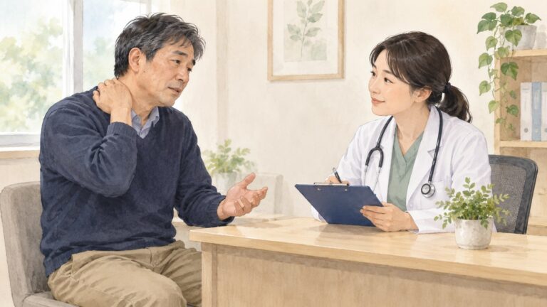 男性が医療者に体調について相談している様子