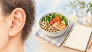 耳のイラストと、野菜などを盛り付けた食事、記録用のノートを並べた様子