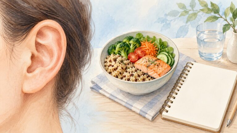 耳のイラストと、野菜などを盛り付けた食事、記録用のノートを並べた様子