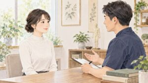 首元まで衣服を着た女性が、施術者と美容鍼について相談している様子