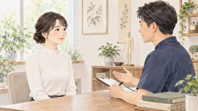 首元まで衣服を着た女性が、施術者と美容鍼について相談している様子