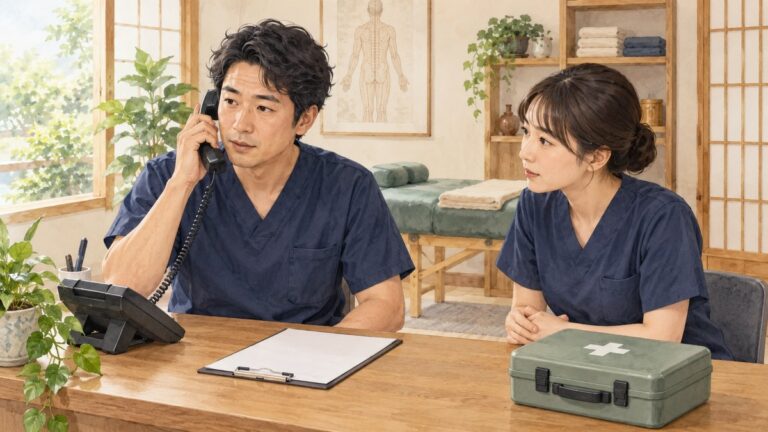 鍼灸院のスタッフが電話で連絡し、別のスタッフが救急用具と記録用紙を準備する様子