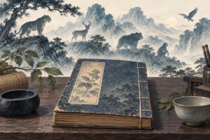 古い医学書と動物を配した山水風景のイラスト