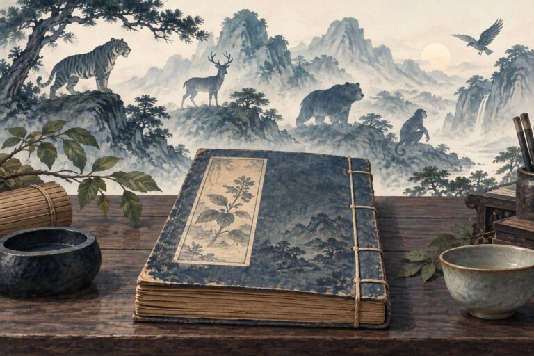 古い医学書と動物を配した山水風景のイラスト