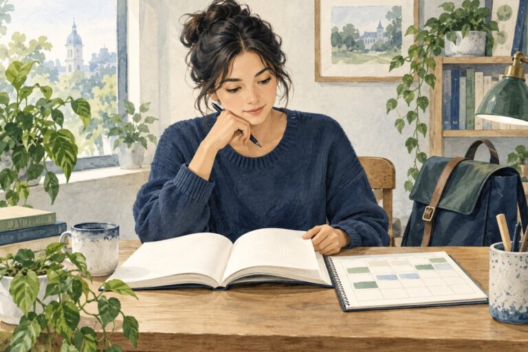 自宅の机で教科書と予定表を見ながら学習計画を立てる成人のイラスト