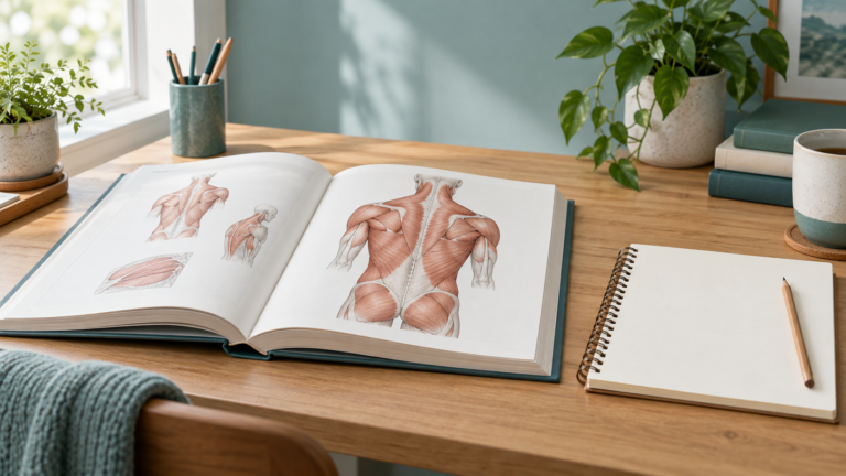 背中の筋肉を描いた解剖学の本とノートを置いた机