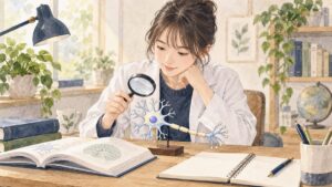 神経細胞を表す模型と教科書を机に置き、生理学を学ぶ学生のイラスト