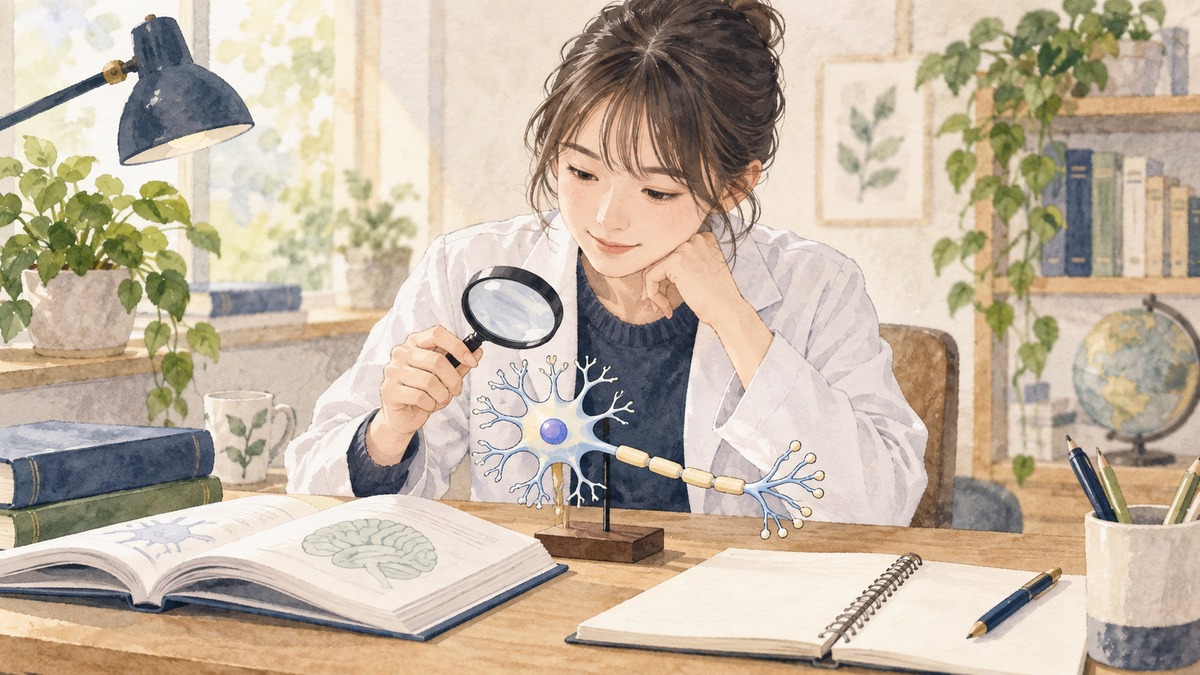 神経細胞を表す模型と教科書を机に置き、生理学を学ぶ学生のイラスト