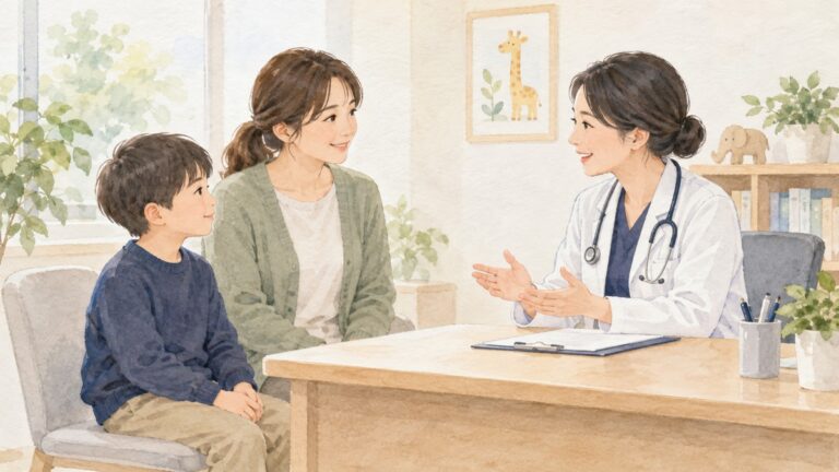 服を着た子どもと保護者が、小児科の医療者に落ち着いて相談するイラスト