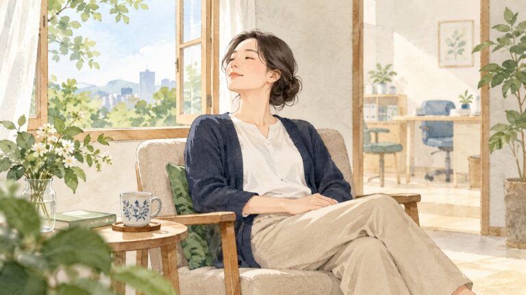 窓のそばの椅子で楽な姿勢をとり、静かに休息する人のイラスト