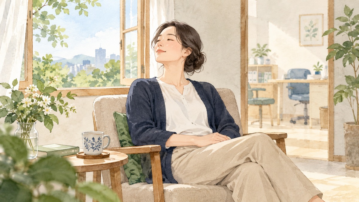 窓のそばの椅子で楽な姿勢をとり、静かに休息する人のイラスト