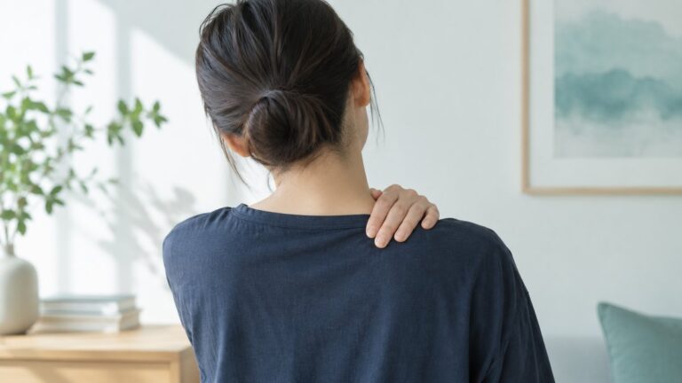 首から肩のあたりに手を添える人の後ろ姿