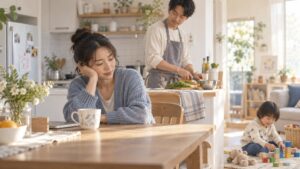 食卓で休む親と、食事を用意する大人、そばで遊ぶ子ども