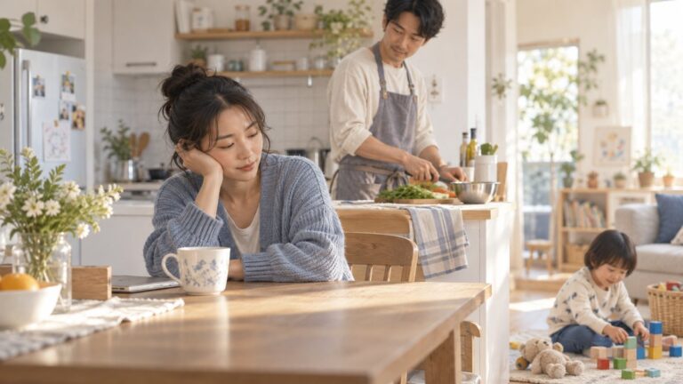 食卓で休む親と、食事を用意する大人、そばで遊ぶ子ども