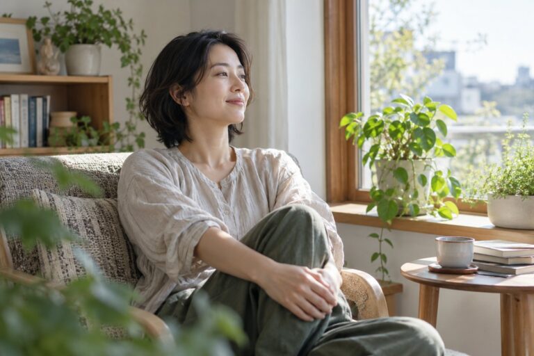 窓辺で座って休む人