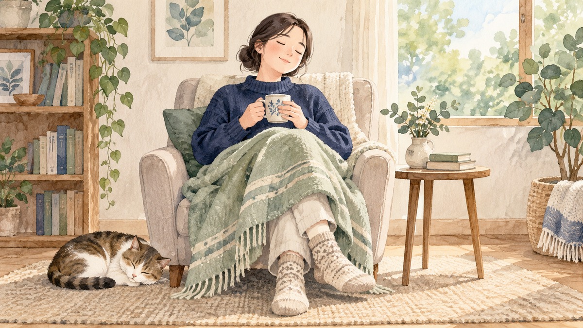 薄い毛布と靴下で心地よく休み、カップを手に持った人のイラスト