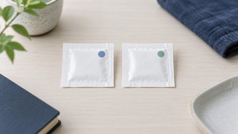 青と緑の目印がある未開封の小さな貼付製品の包装二つ