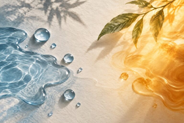 青い水滴と暖色の光を組み合わせた湿熱の概念画像