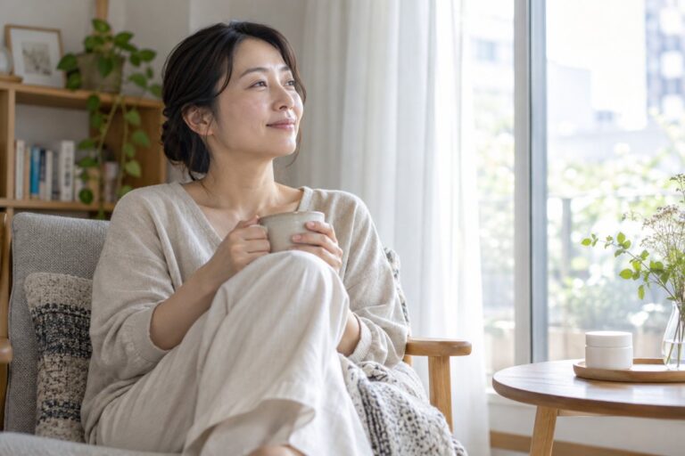 窓辺の椅子に座り、カップを手に休む女性