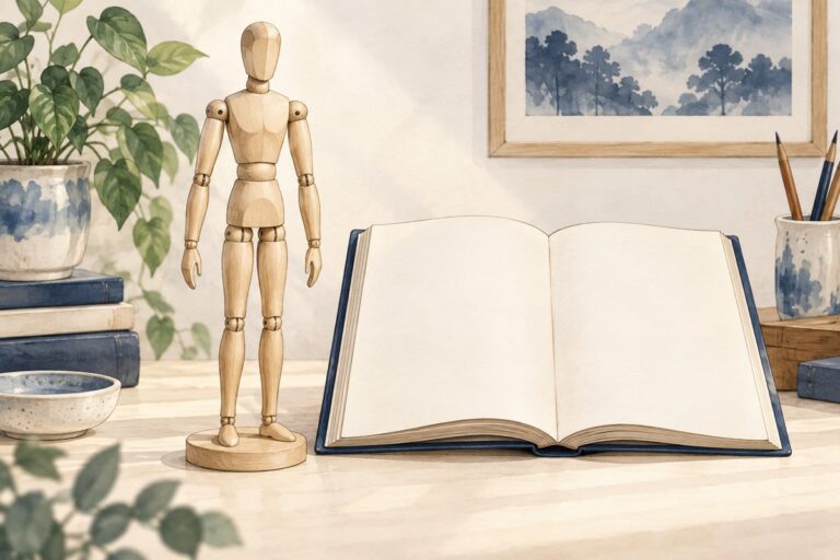 木製の人形と開いた学習用の本を置いた机のイラスト
