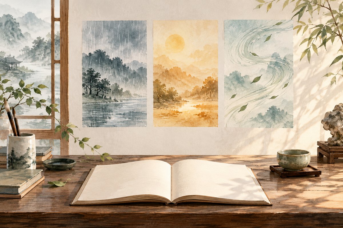 開いた本と、雨・暖かな光・空気の動きを表した三つの水彩画