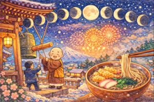 大晦日の語源と意味とは？東洋思想と暦から読み解く一年の終わりと年越しそばの由来をイメージした図