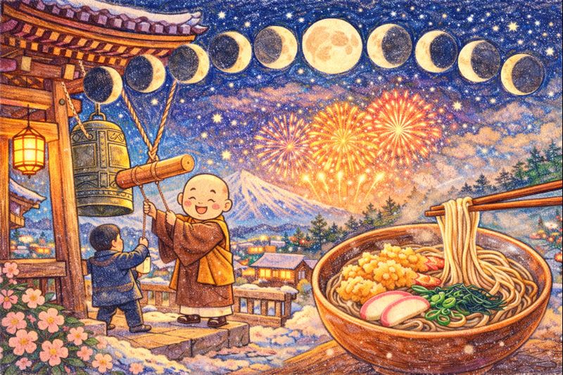 大晦日の語源と意味とは？東洋思想と暦から読み解く一年の終わりと年越しそばの由来をイメージした図