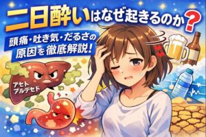 二日酔いはなぜ起きるのか？原因を医学的に徹底解説｜頭痛・吐き気・だるさの正体のイメージ図